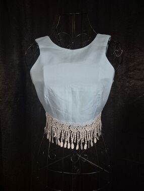 Moda Powder Blue Cropped Tank with Lace Fringe